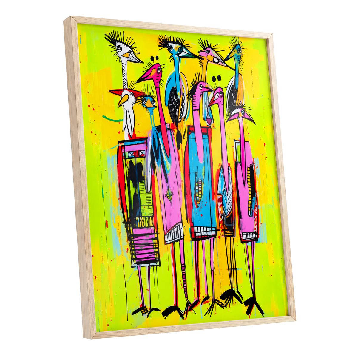 Neon Wading Birds, yellow, pink, blue nature wall art shown as a oak framed poster wall art print