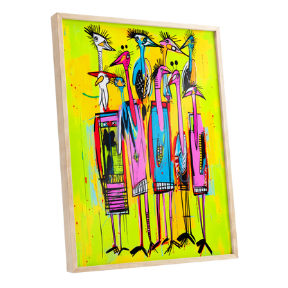 Neon Wading Birds, yellow, pink, blue nature wall art shown as a oak framed poster wall art print