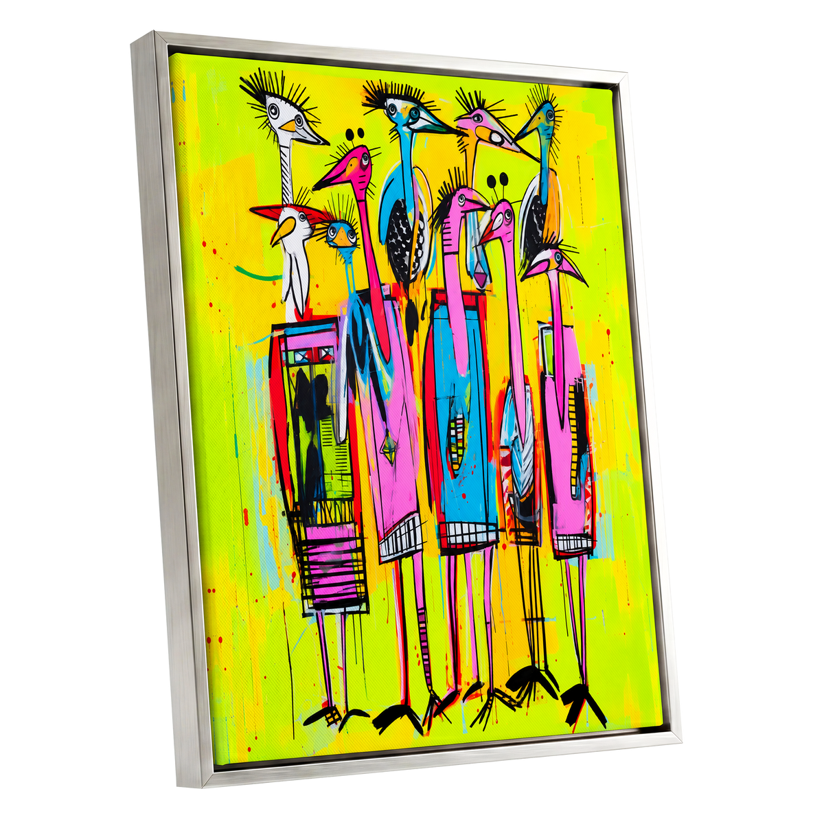 Neon Wading Birds, yellow, pink, blue nature wall art shown as a silver framed canvas wall art