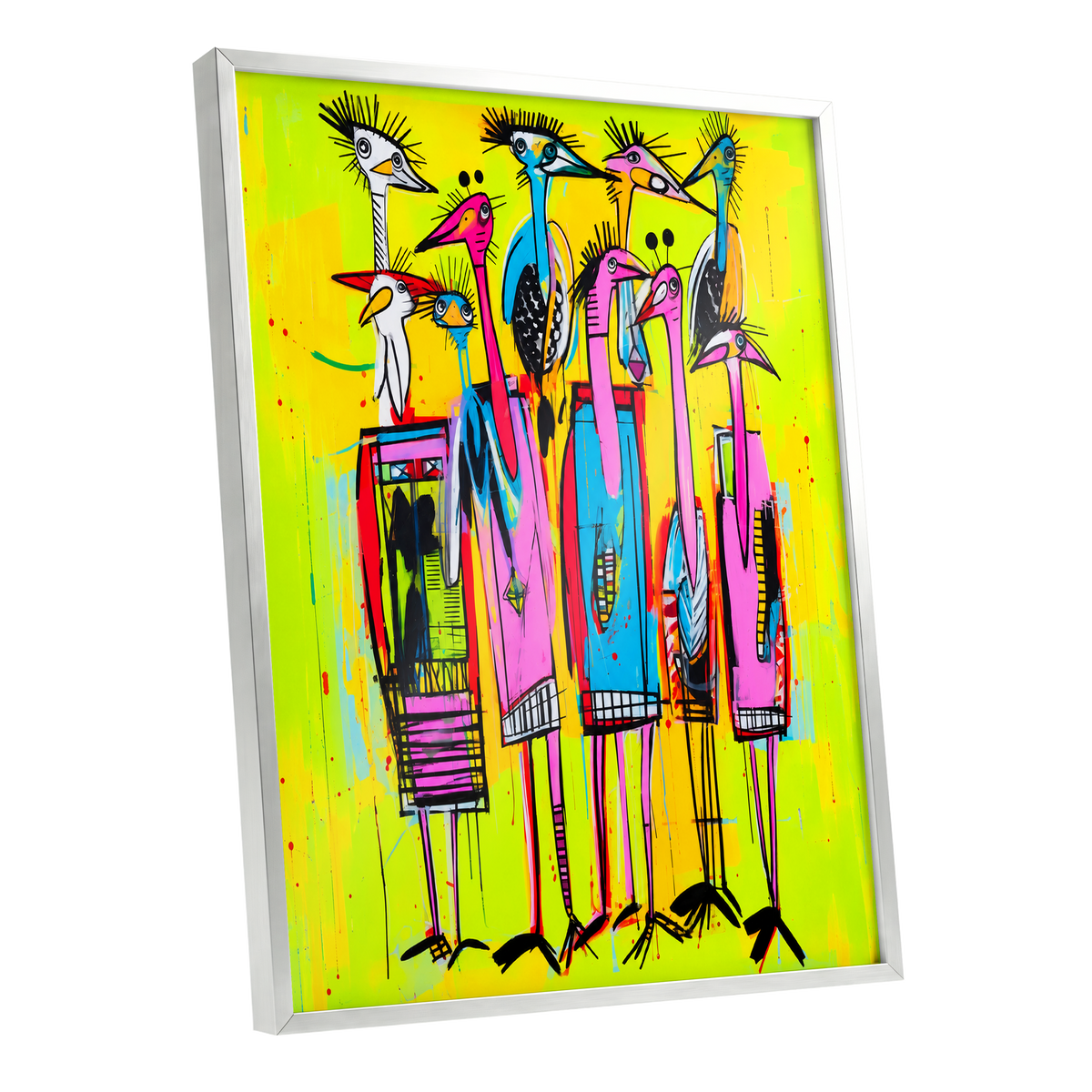 Neon Wading Birds, yellow, pink, blue nature wall art shown as a silver framed poster wall art print