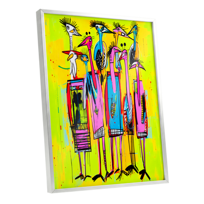 Neon Wading Birds, yellow, pink, blue nature wall art shown as a silver framed poster wall art print