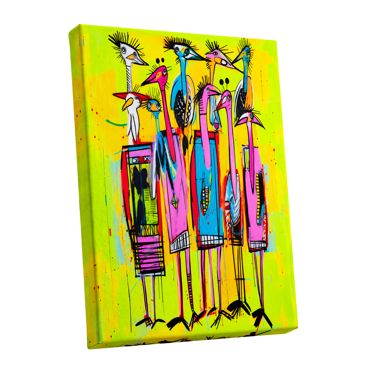 Neon Wading Birds, yellow, pink, blue nature wall art shown as a stretched canvas wall art