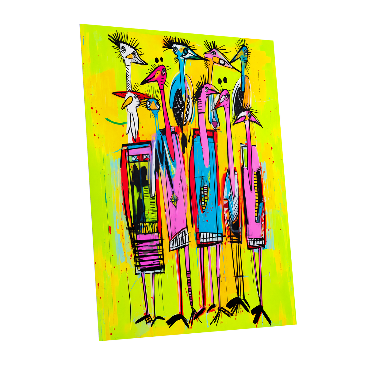 Neon Wading Birds, yellow, pink, blue nature wall art shown as a unframed poster wall art print