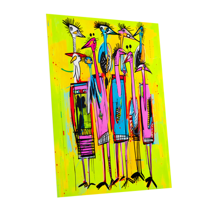 Neon Wading Birds, yellow, pink, blue nature wall art shown as a unframed poster wall art print