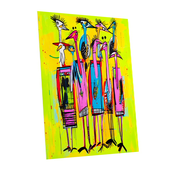 Neon Wading Birds, yellow, pink, blue nature wall art shown as a unframed poster wall art print