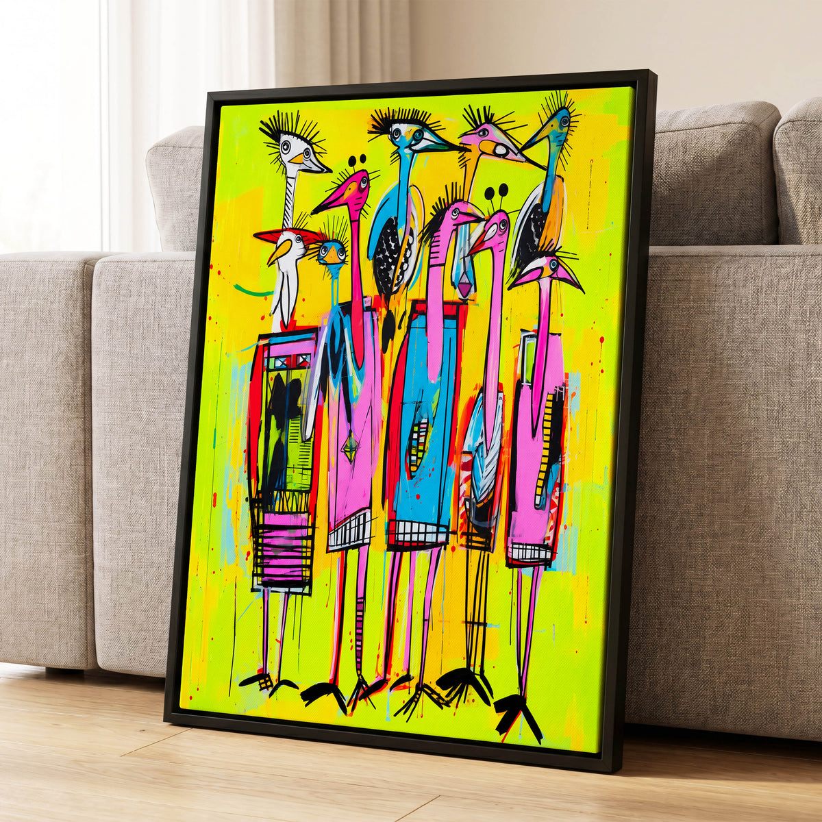 Neon Wading Birds, yellow, pink, blue nature wall art displayed in a styled interior, gallery view 1