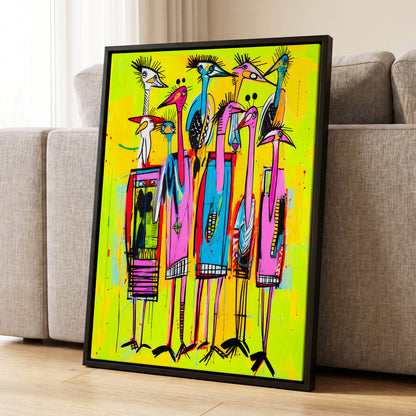 Neon Wading Birds, yellow, pink, blue nature wall art displayed in a styled interior, gallery view 1