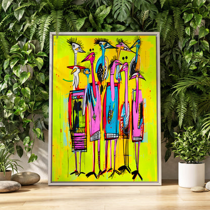 Neon Wading Birds, yellow, pink, blue nature wall art displayed in a styled interior, gallery view 2