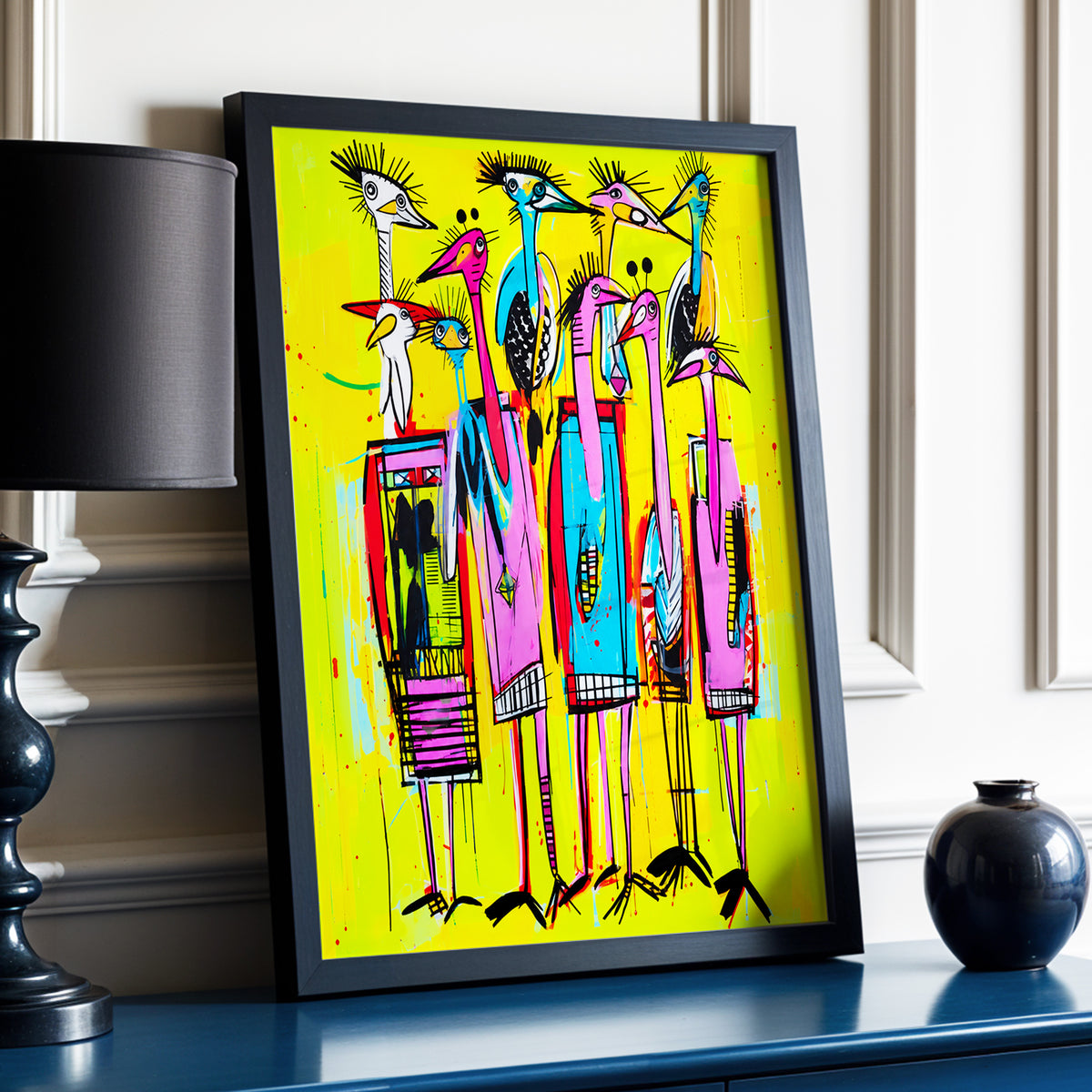 Neon Wading Birds, yellow, pink, blue nature wall art displayed in a styled interior, gallery view 3
