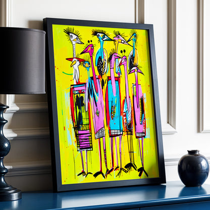 Neon Wading Birds, yellow, pink, blue nature wall art displayed in a styled interior, gallery view 3