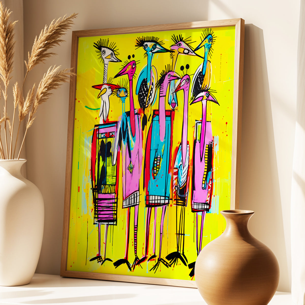 Neon Wading Birds, yellow, pink, blue nature wall art displayed in a styled interior, gallery view 4