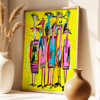 Neon Wading Birds, yellow, pink, blue nature wall art displayed in a styled interior, gallery view 4