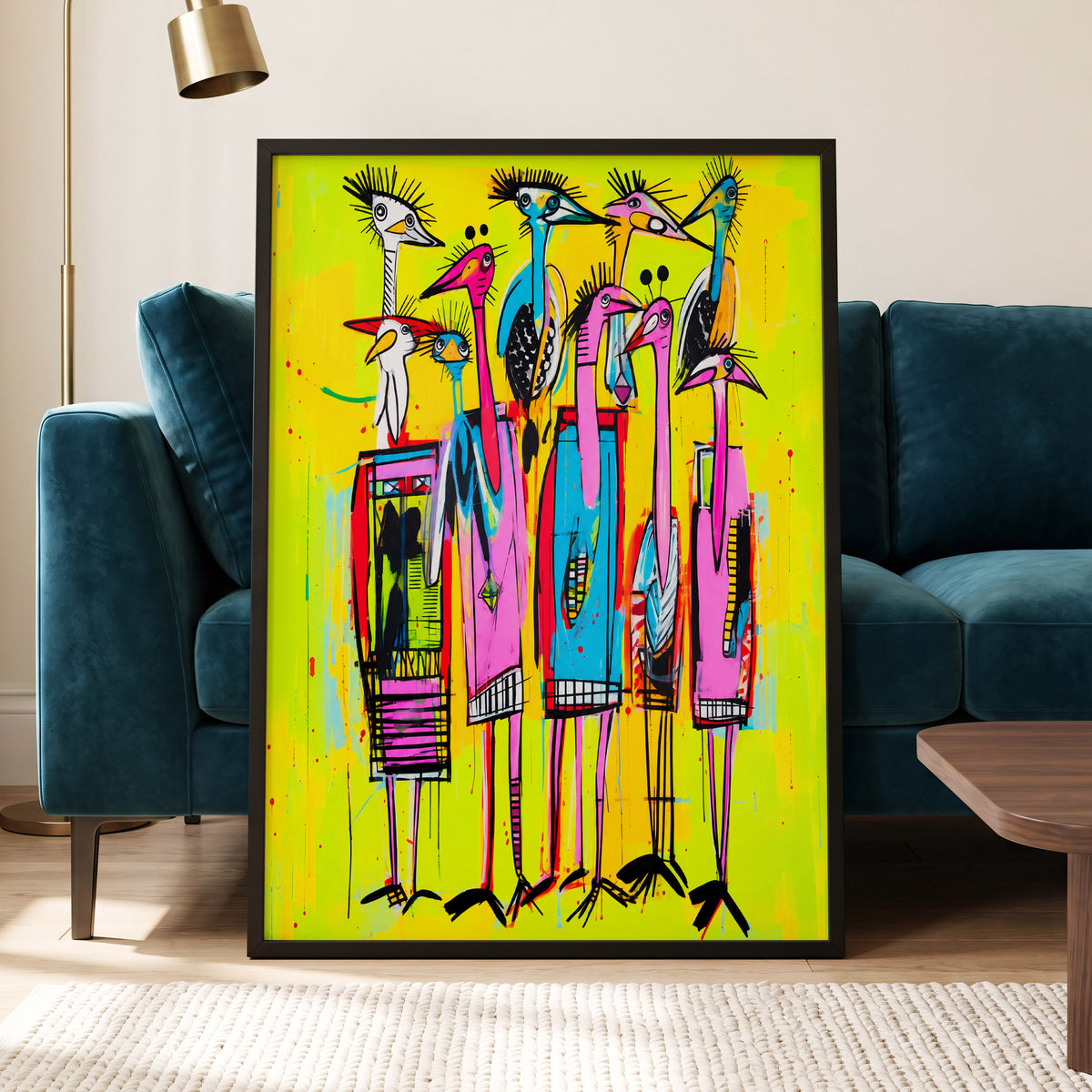 Neon Wading Birds, yellow, pink, blue nature wall art displayed in a styled interior, gallery view 5