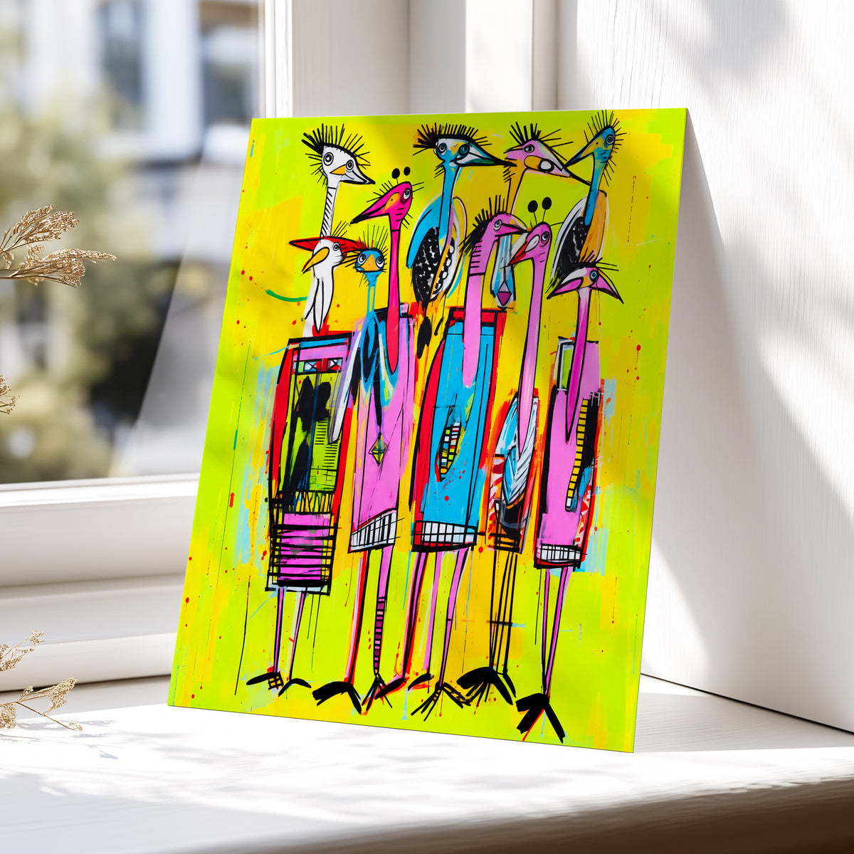 Neon Wading Birds, yellow, pink, blue nature wall art displayed in a styled interior, gallery view 6