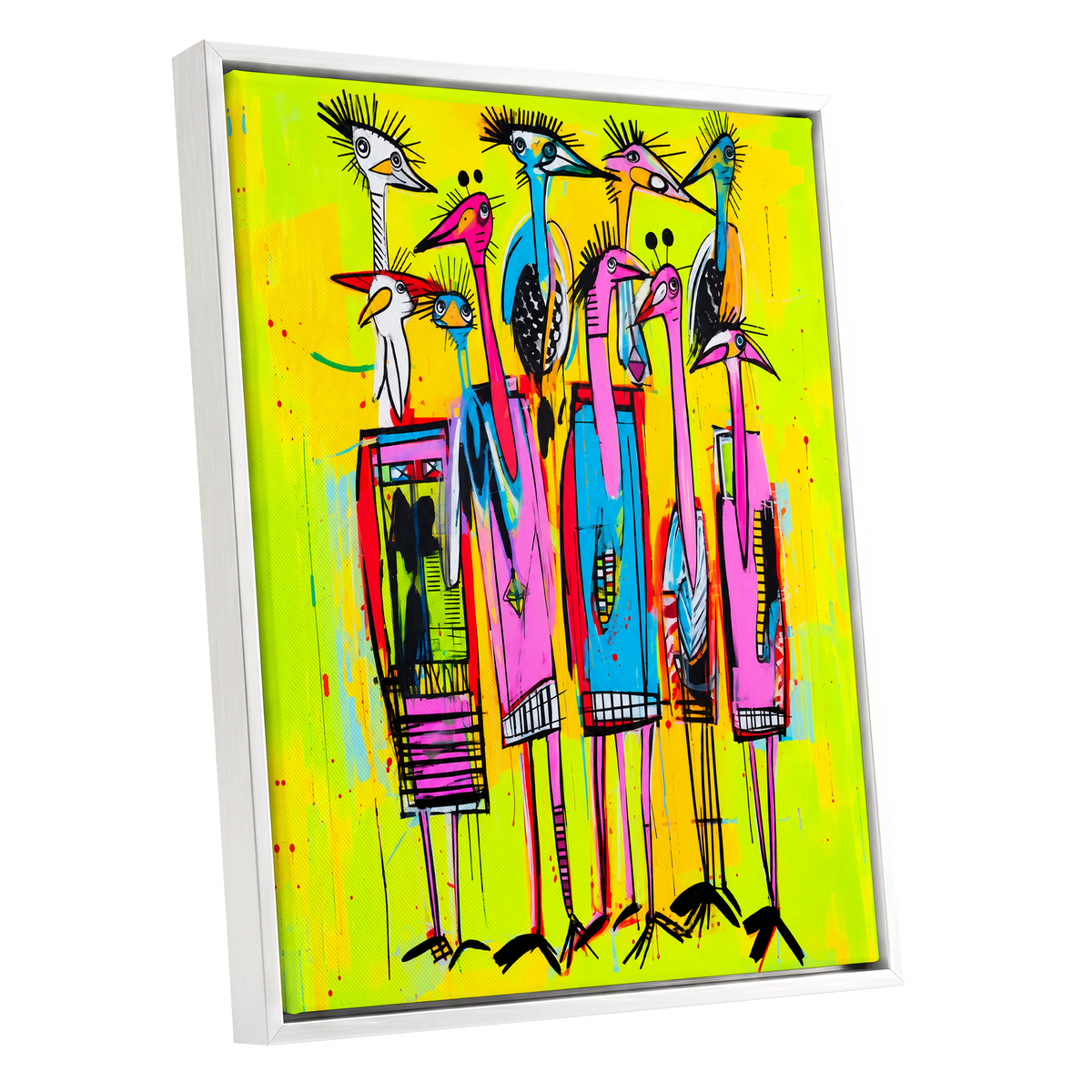 Neon Wading Birds, yellow, pink, blue nature wall art shown as a white framed canvas wall art