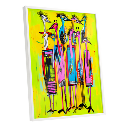 Neon Wading Birds, yellow, pink, blue nature wall art shown as a white framed poster wall art print