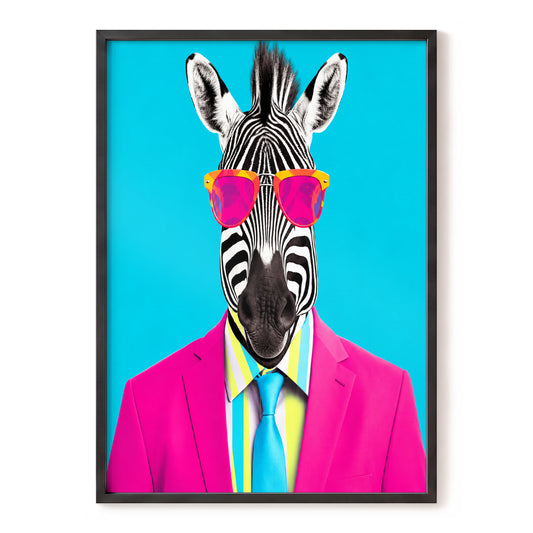 Neon Zebra Executive, blue, pink, black nature wall art, front artwork view