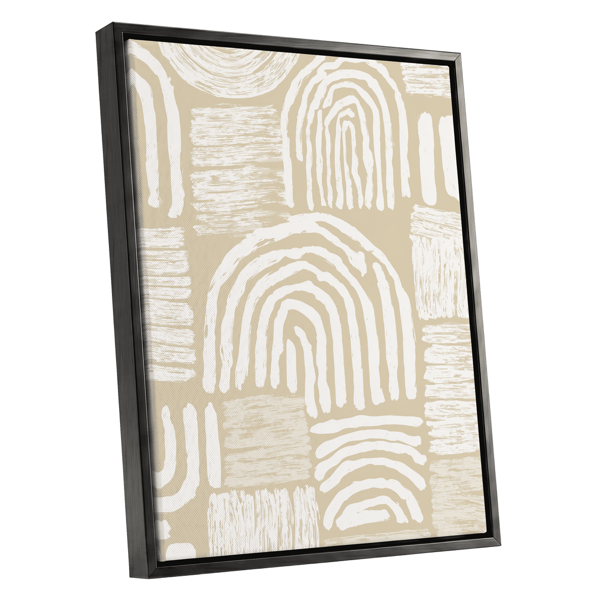 Neutral Boho Arches: a framed abstract canvas print featuring white hand-drawn arches and textured blocks on a warm beige background, housed in a sleek black float frame.