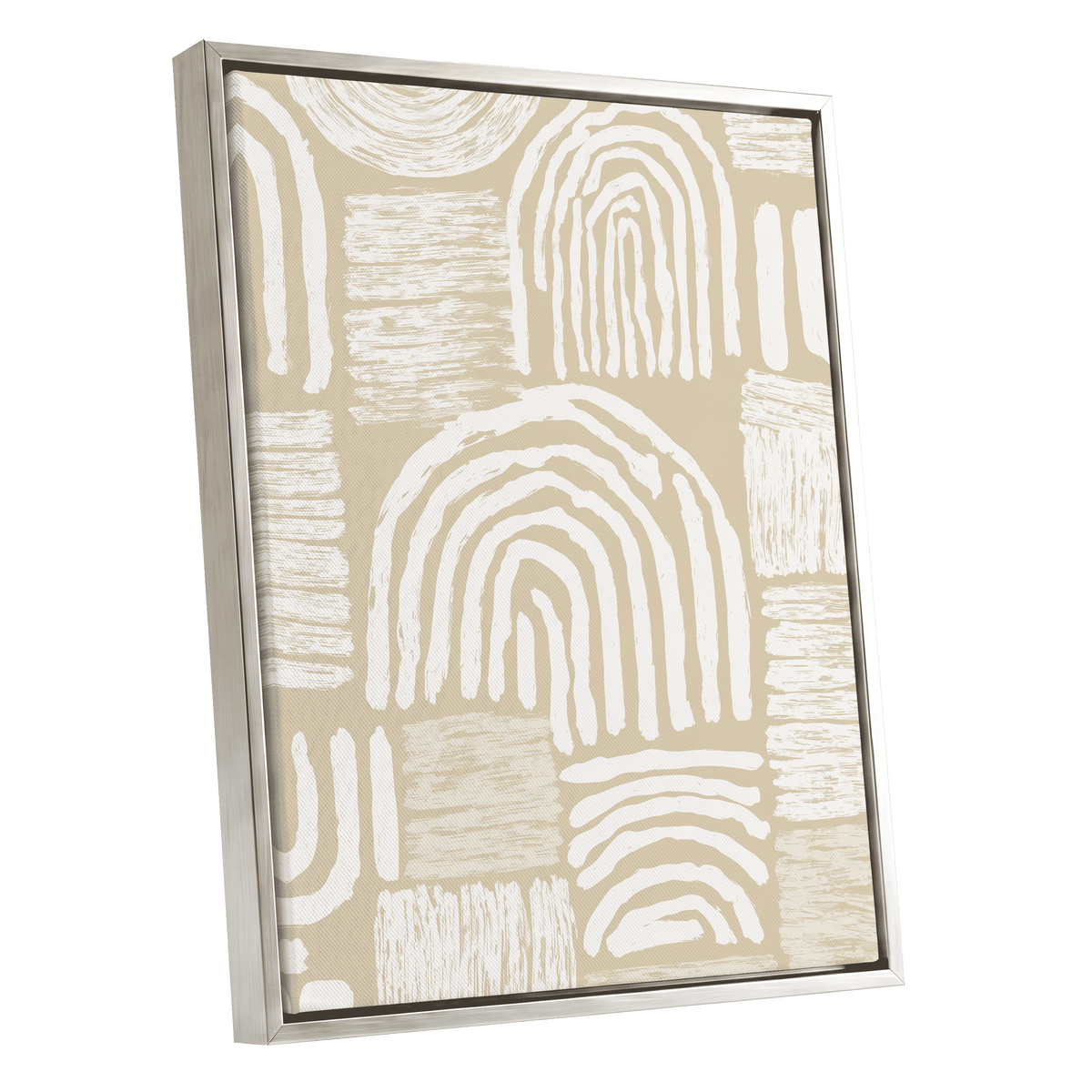 Neutral Boho Arches: a framed abstract canvas print featuring white hand-drawn arches and textured blocks on a warm beige background, enclosed in a slim silver frame.