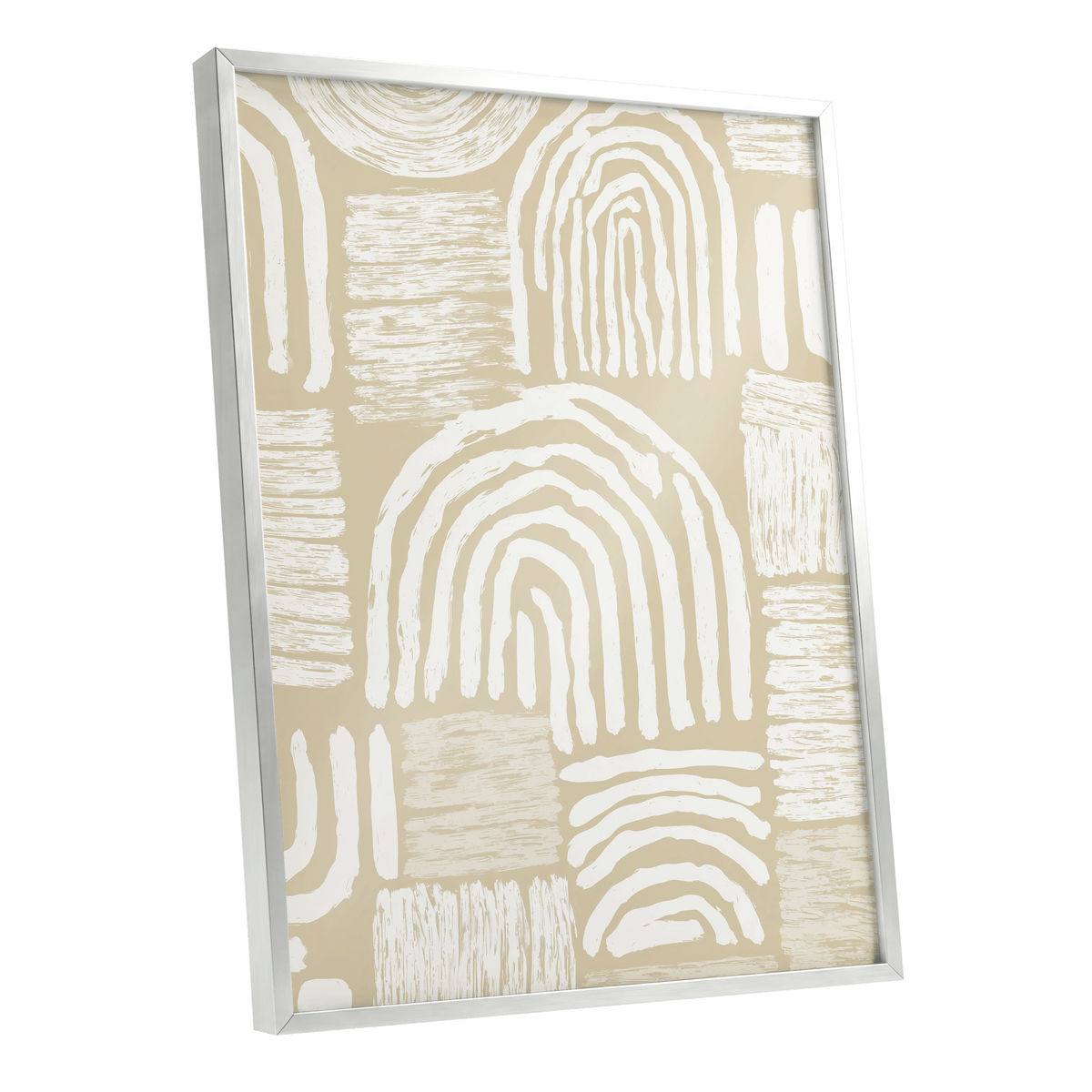 Neutral Boho Arches: a framed abstract canvas print featuring white hand-drawn arches and textured blocks on a warm beige background, enclosed in a slim silver frame.