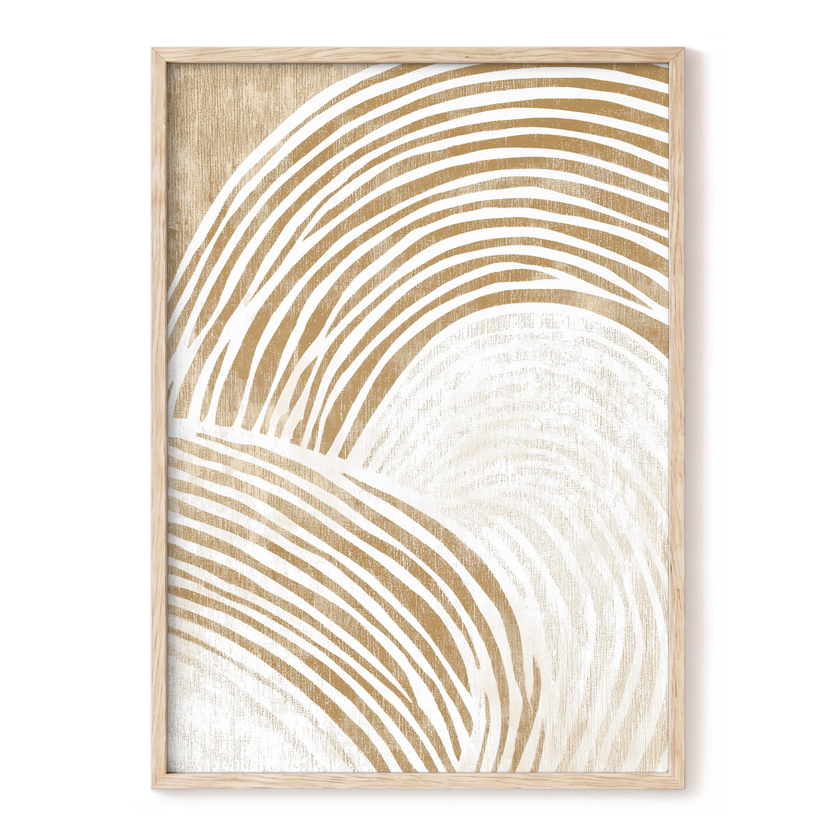 Neutral Curved Lines: abstract framed wall art featuring flowing curved lines in warm beige and off-white tones, enclosed in a light natural wood frame against a white background.