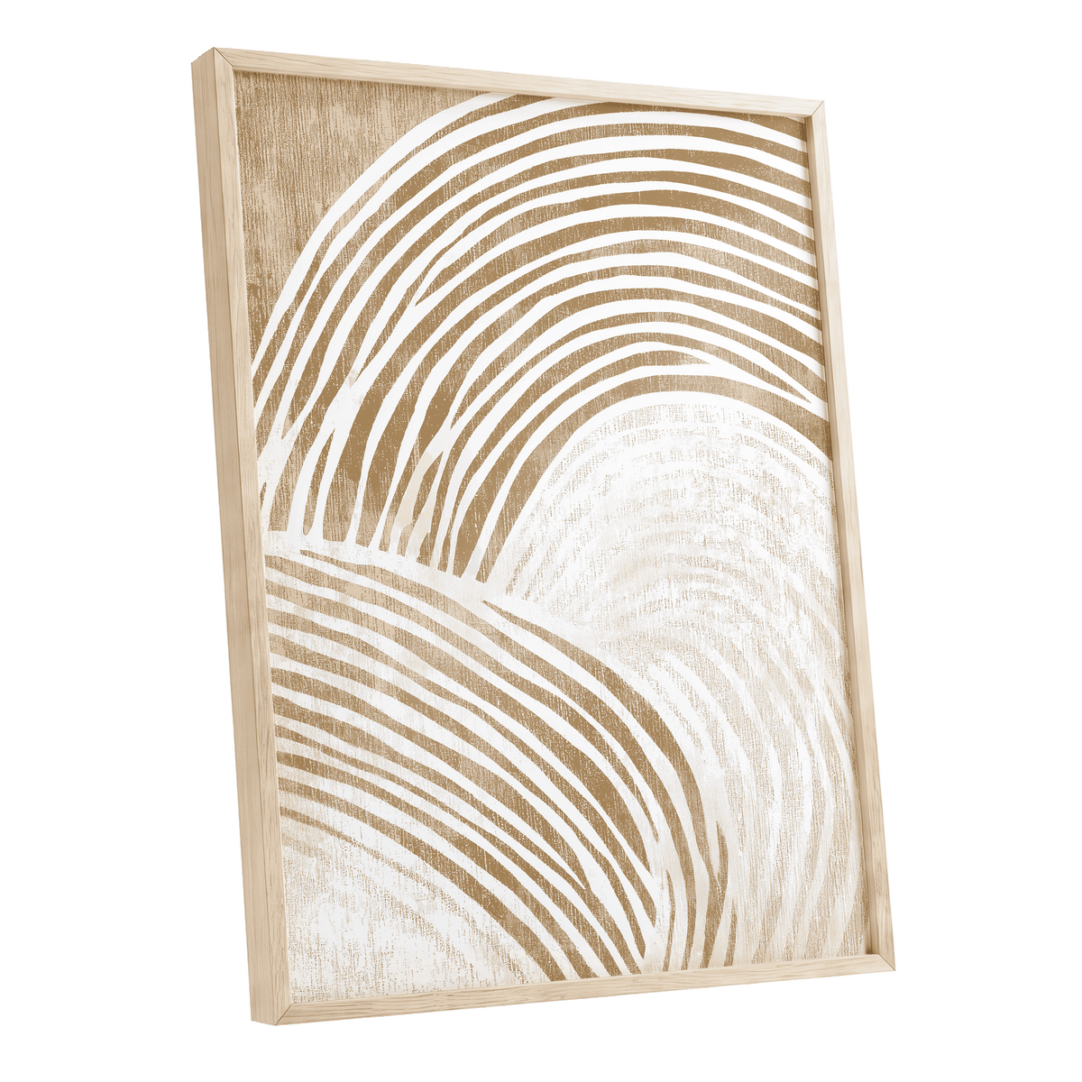 Neutral Curved Lines: framed abstract wall art featuring flowing curved lines in warm beige and off-white tones, shown in a light natural wood frame against a plain white background.