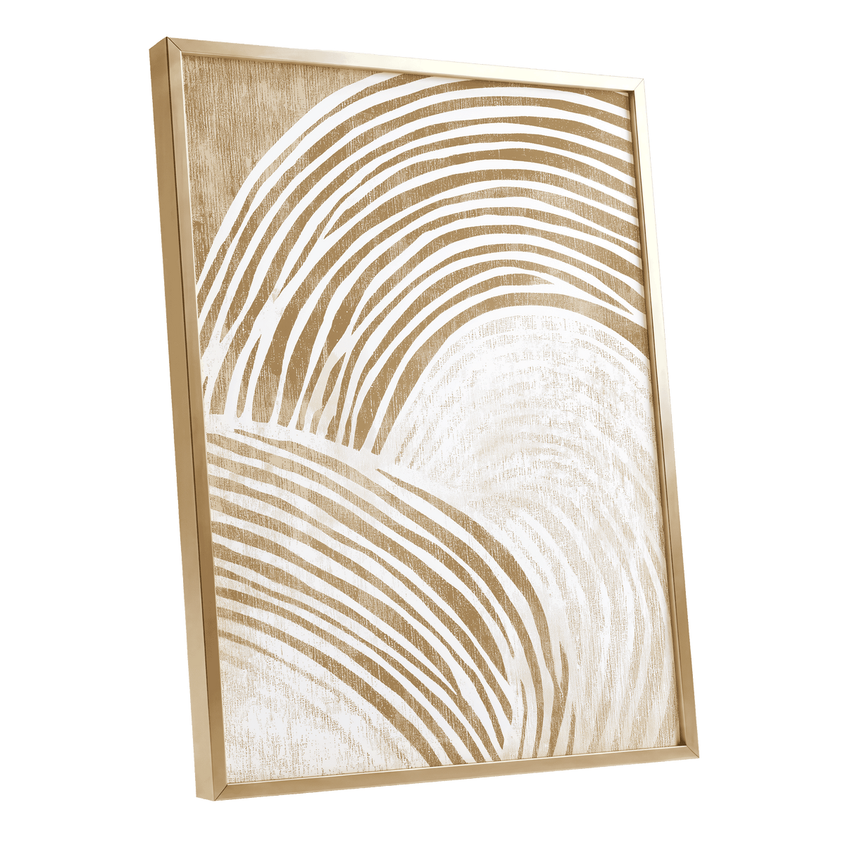 Neutral Curved Lines: framed abstract wall art featuring flowing curved lines in warm beige and off-white tones, shown at a slight angle against a plain white background.