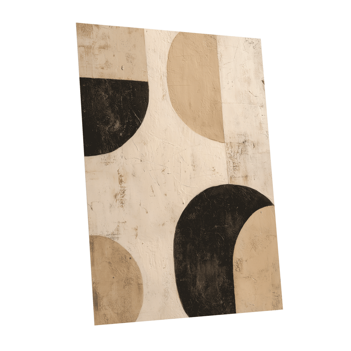 Neutral Geometric Forms: an abstract geometric wall art print featuring textured beige and cream backgrounds with bold black curved shapes, shown at a slight angle on a white background.