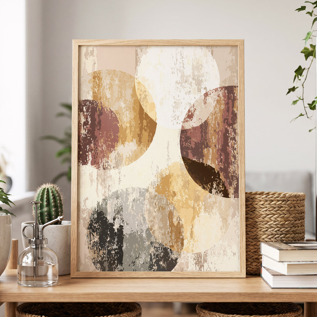 Oak-framed neutral geometric layers art print in beige, cream and brown styled on a wooden shelf with a cactus, greenery and books.