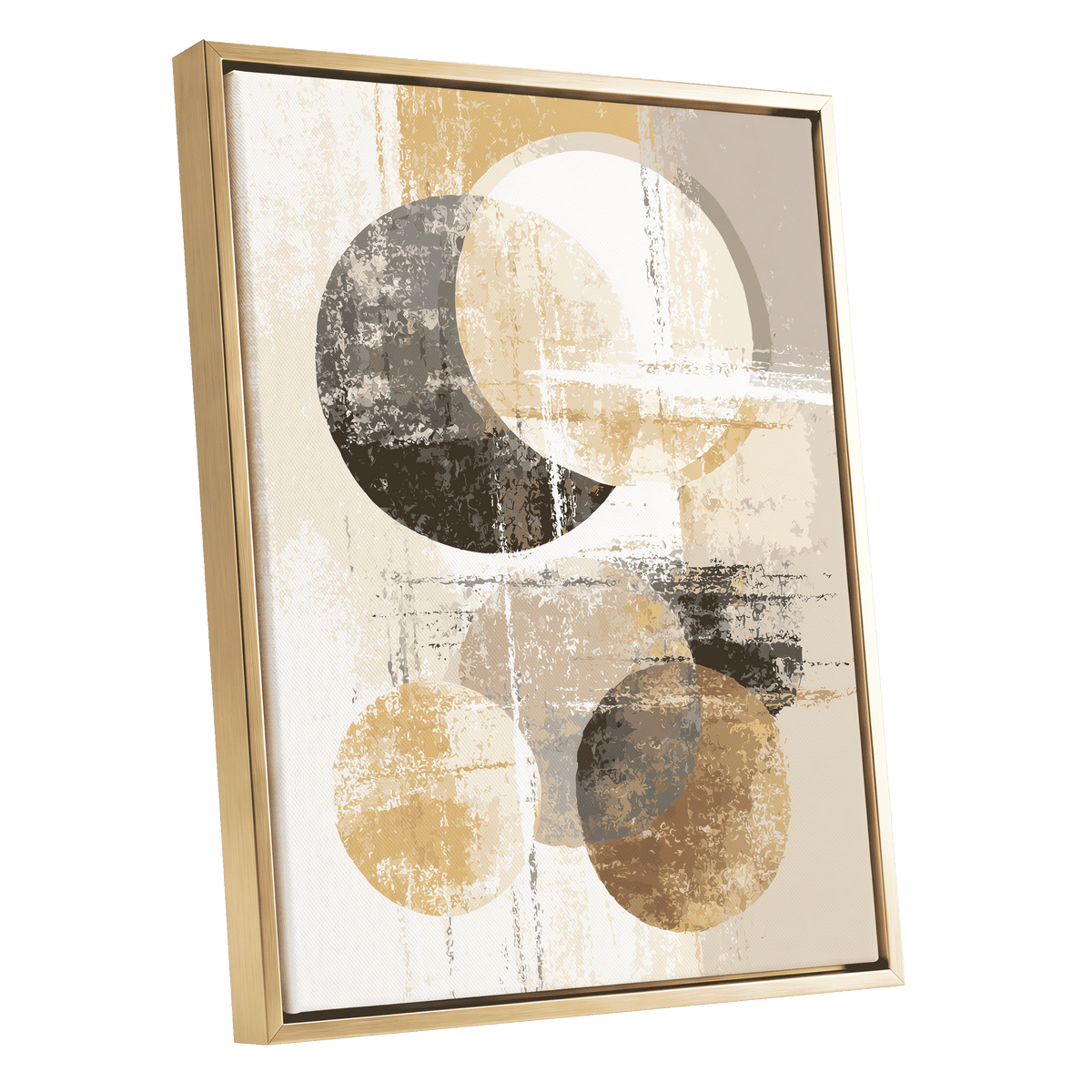 Neutral Orbit Abstract: framed abstract wall art featuring overlapping circles in beige, brown, black, and white with a distressed texture, set in a gold-toned frame on a white background.