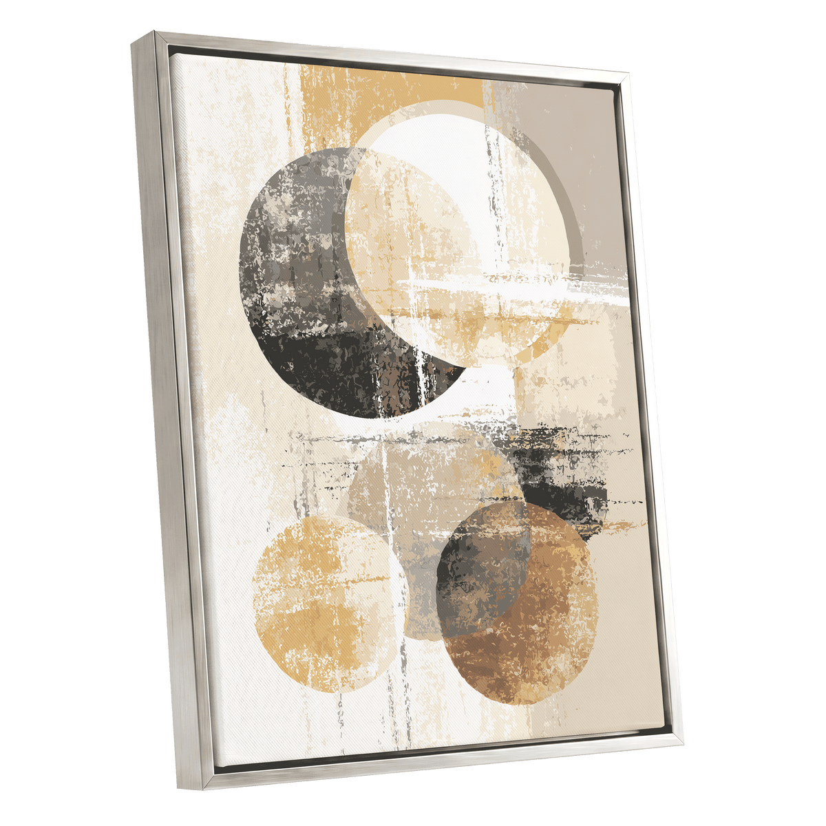Neutral Orbit Abstract: framed abstract wall art featuring overlapping circles in cream, tan, black, and brown tones on a textured off-white background, shown in a light wood frame against a white backdrop.