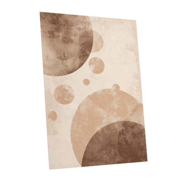 Neutral Orbit Shapes: an abstract art print featuring textured beige and brown organic shapes, including large semi-circles and scattered circles on a warm cream background, shown at an angle against a white backdrop.