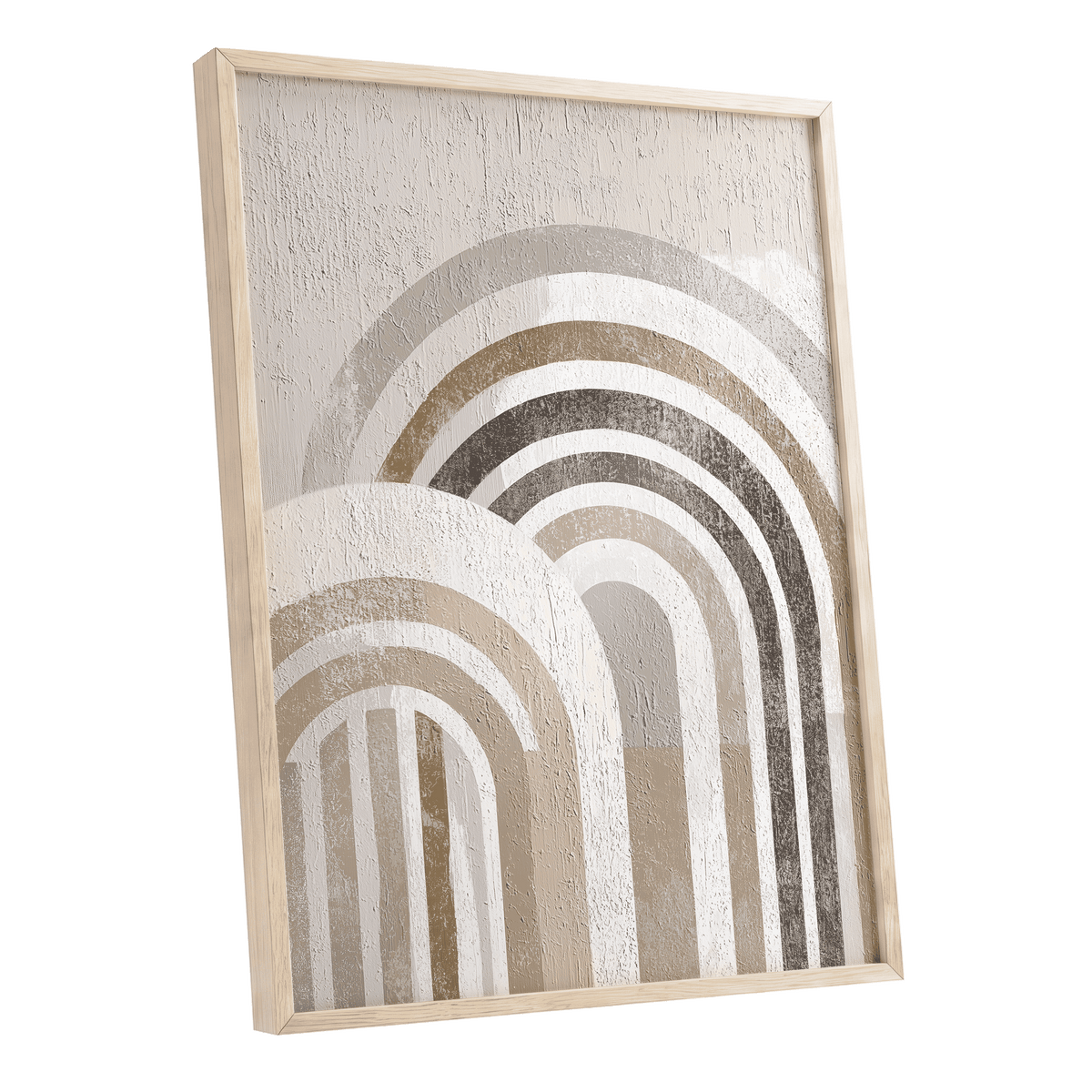Neutral Rainbow Arches: framed abstract wall art featuring layered arches and stripes in beige, taupe, gray, and white with a textured finish, set in a light natural wood frame against a white background.