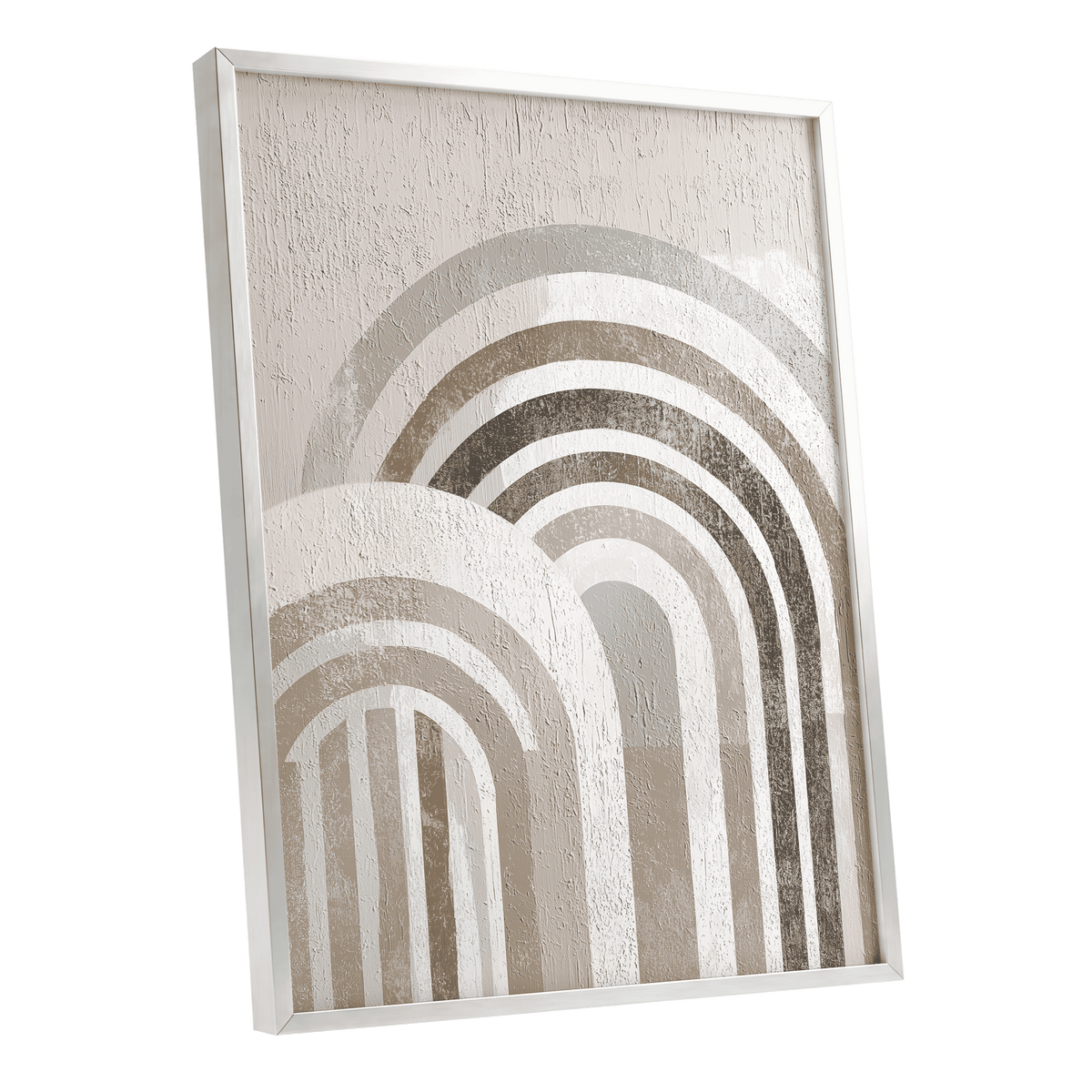 Neutral Rainbow Arches: framed abstract wall art featuring layered arches and stripes in warm beige, taupe, and off-white tones, shown at a slight angle against a plain white background.