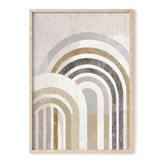 Neutral Rainbow Arches: framed abstract wall art featuring layered arches and vertical stripes in beige, white, gray, and metallic gold tones, set in a light natural wood frame against a white background.