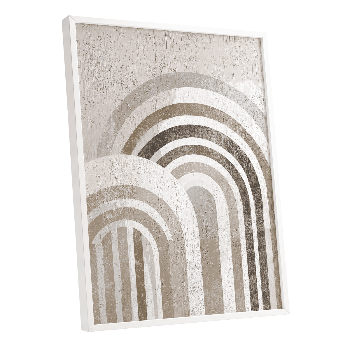 Neutral Rainbow Arches: a framed abstract wall art print featuring layered arches and stripes in textured beige, taupe, gray, and white tones, shown at a slight angle against a plain white background.