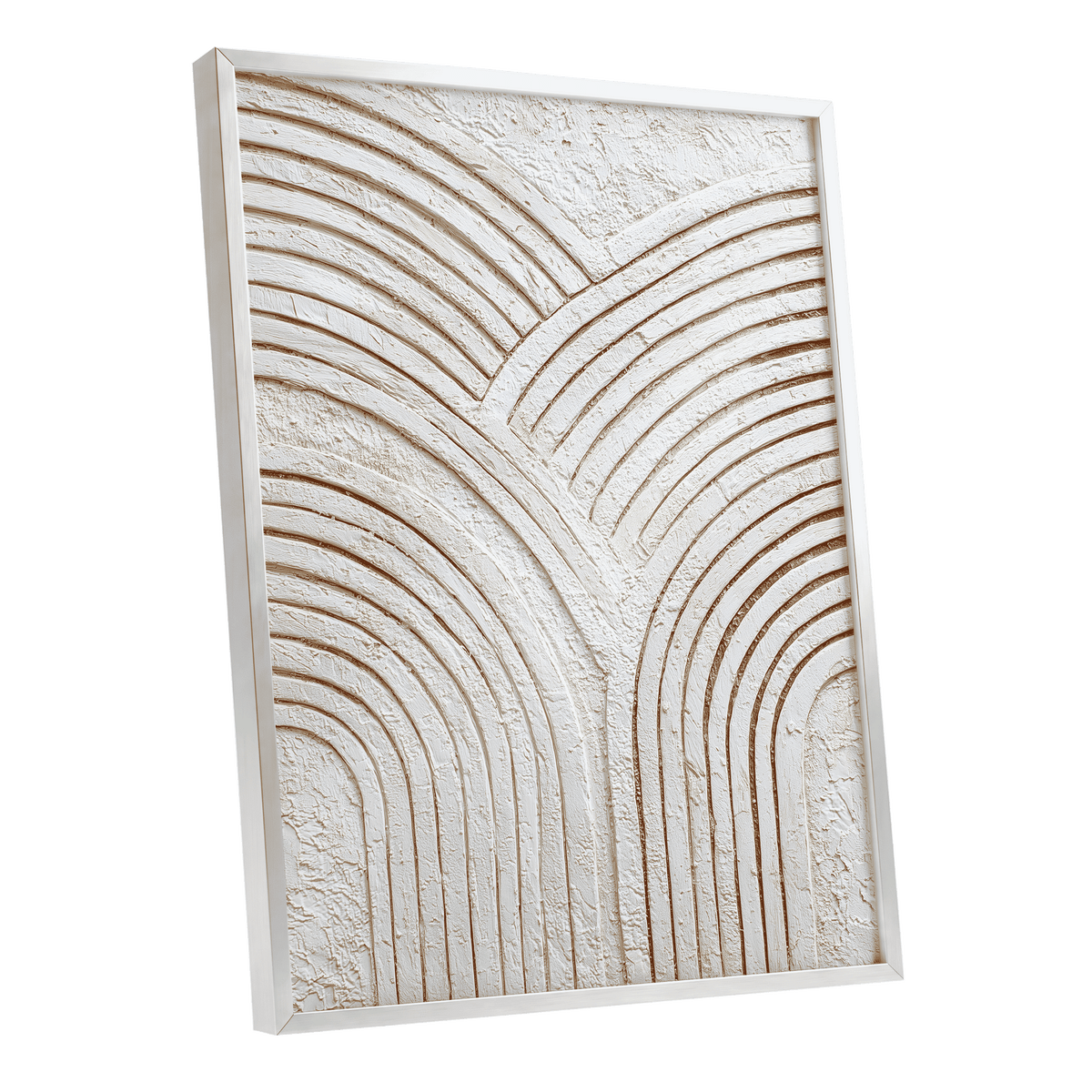 Neutral Rainbow Relief: a framed abstract canvas print featuring textured beige and off-white curved lines in a Y-shaped pattern, enclosed in a white frame against a solid white background.