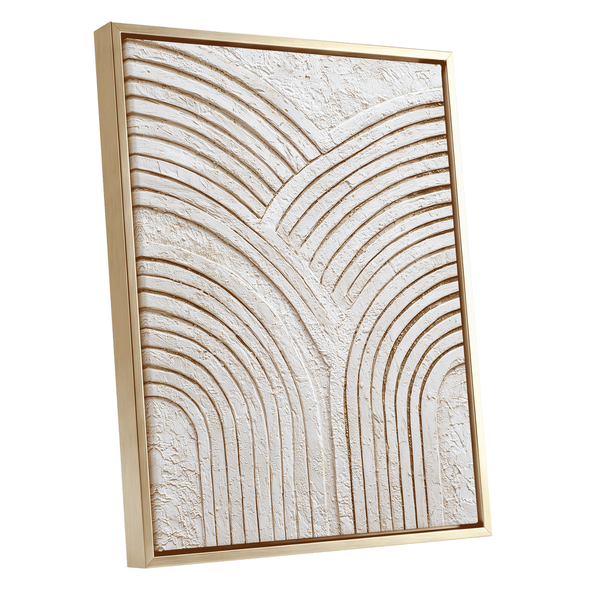 Neutral Rainbow Relief: abstract framed wall art featuring textured cream and beige concentric arch patterns, presented in a light natural wood frame against a solid white background.