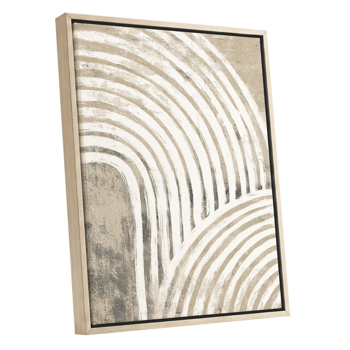 Neutral Textured Arches: a framed abstract canvas print featuring sweeping beige and off-white curved lines over a textured neutral background, housed in a light natural wood frame with a thin black inner border.