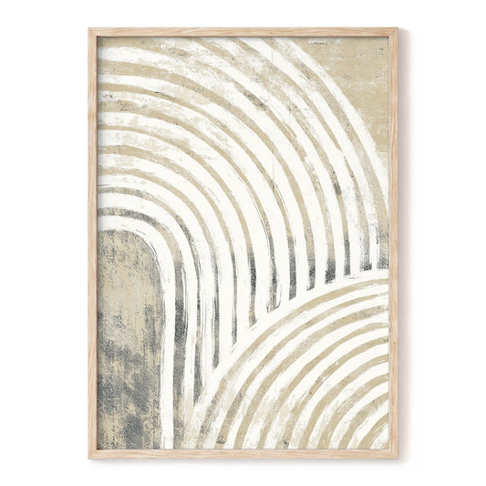 Neutral Textured Arches: framed abstract wall art featuring curved arched lines in cream, beige, and gray tones, enclosed in a light natural wood frame against a white background.