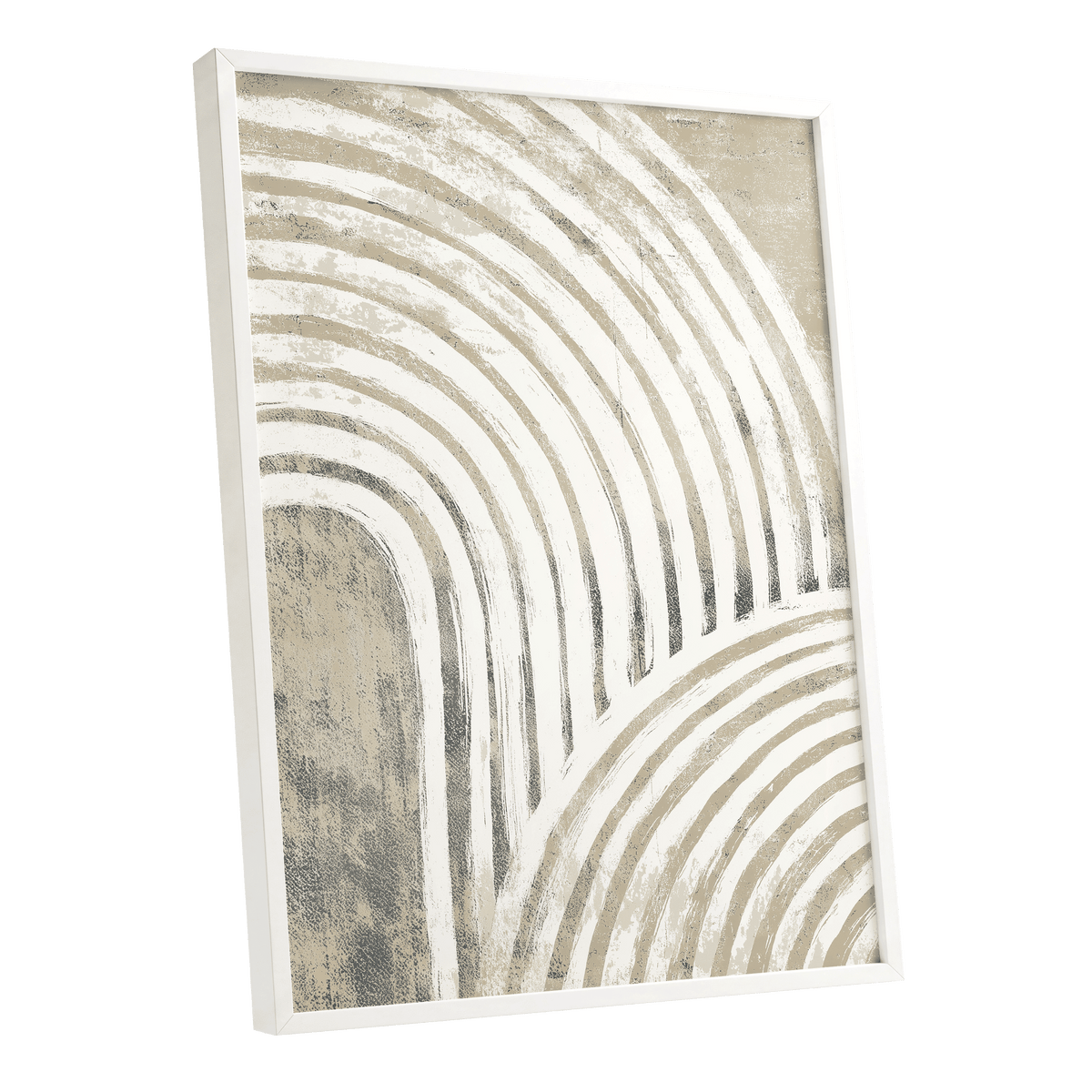 Neutral Textured Arches: framed abstract wall art featuring textured beige and white curved line patterns, shown at a slight angle against a plain white background.
