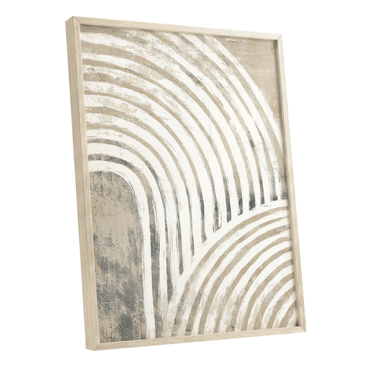Angled oak-framed Neutral Textured Arches wall art with sweeping cream and taupe arches over a softly distressed grey-beige ground.