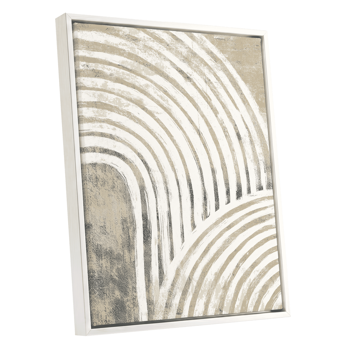 Angled silver-framed Neutral Textured Arches wall art featuring layered cream and taupe arches with a softly weathered grey texture.