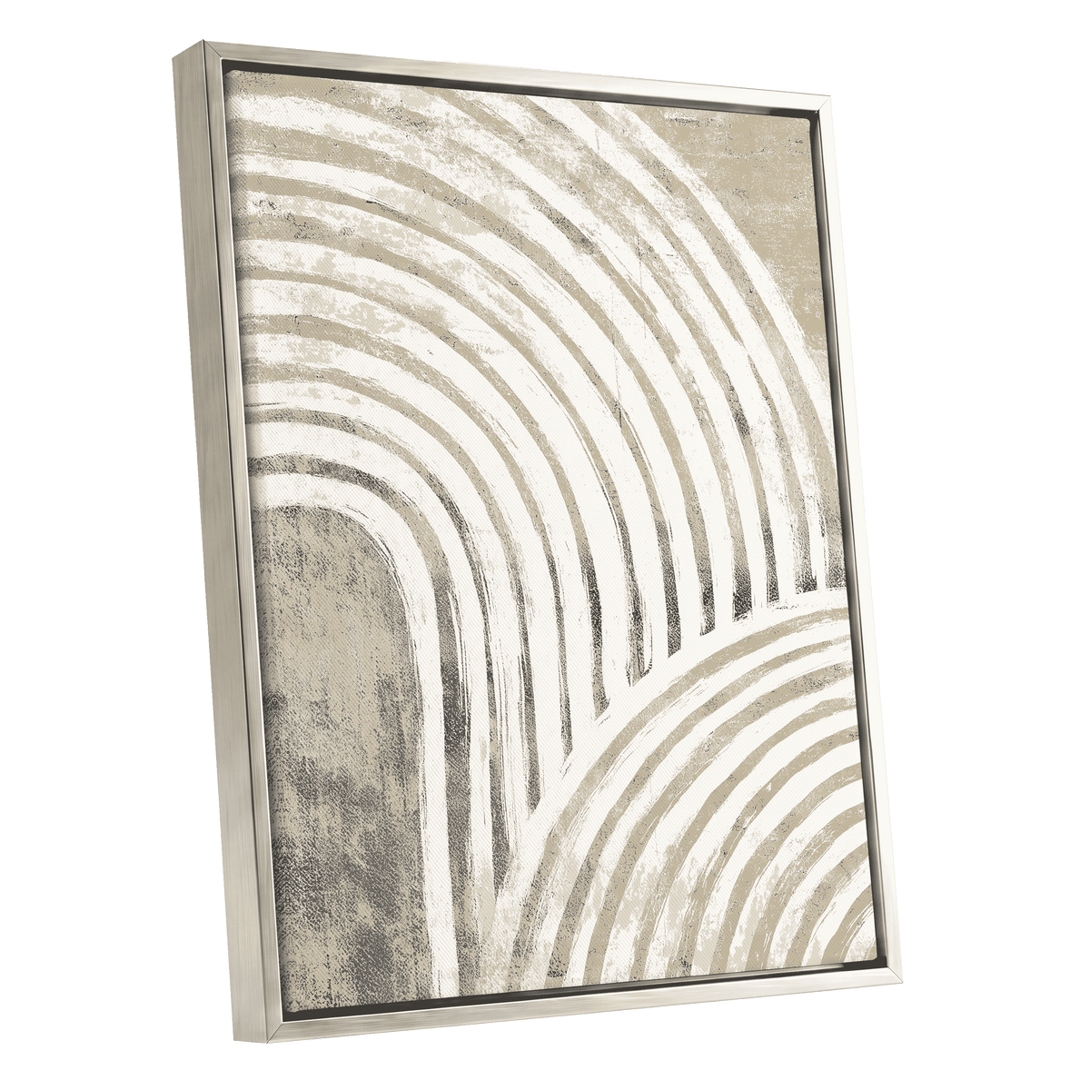 Angled Neutral Textured Arches print in a slim silver frame, with cream and taupe arch lines over a softly distressed grey-beige texture.