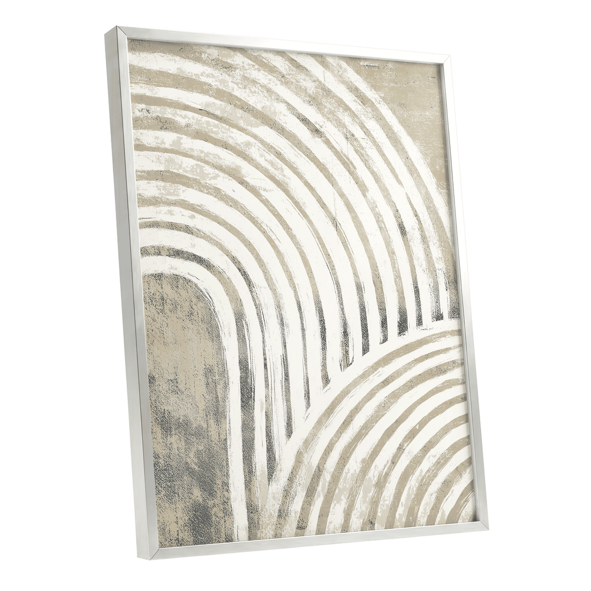 Angled white-framed Neutral Textured Arches wall art with distressed cream, taupe and grey layered arch forms.