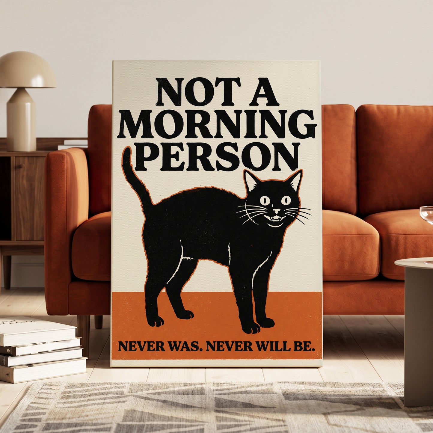 Never a Morning Person, black, beige, orange nature wall art on canvas displayed in a styled interior, gallery view 1
