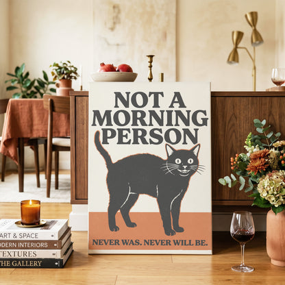 Never a Morning Person, black, beige, orange nature wall art on canvas displayed in a styled interior, gallery view 2