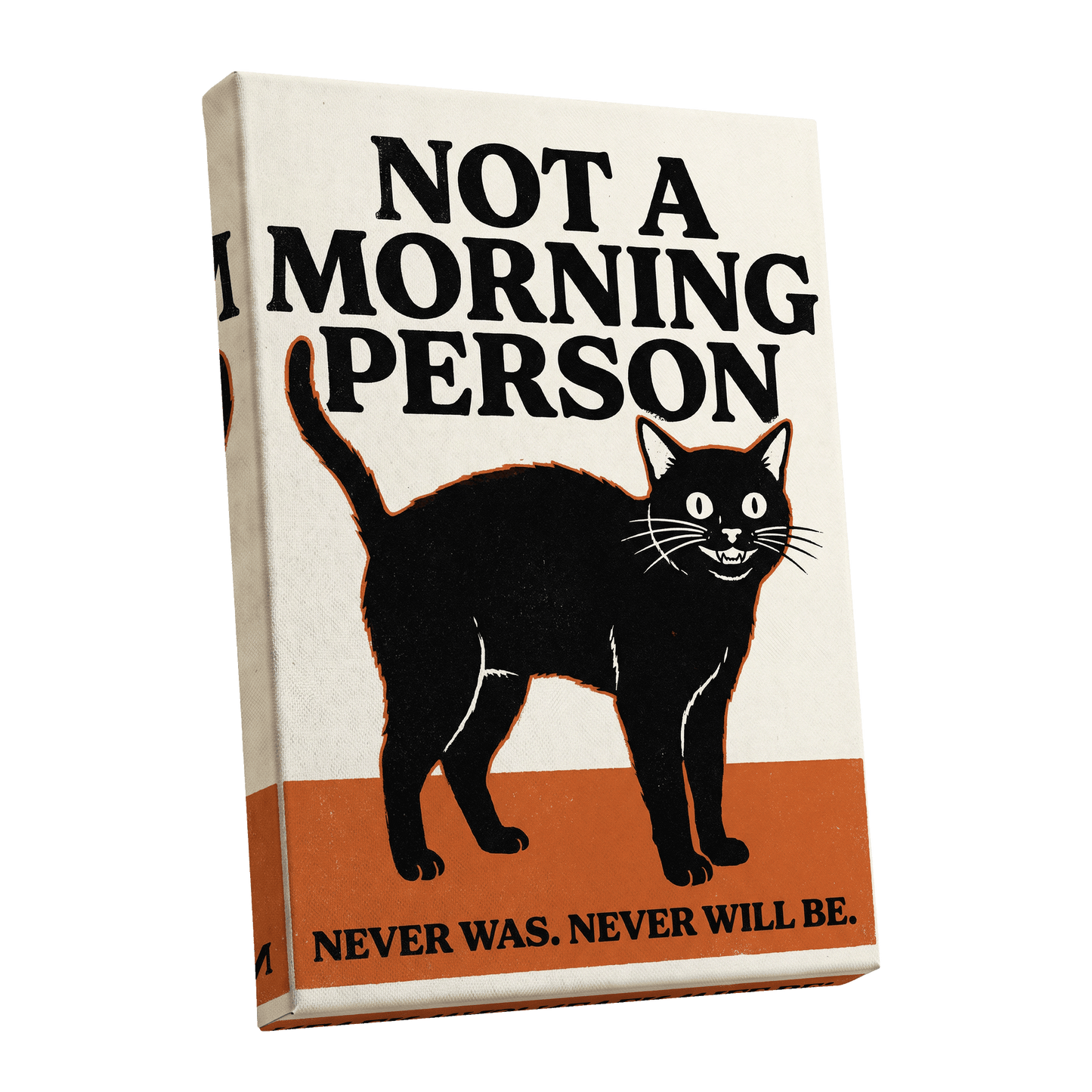 Never a Morning Person, black, beige, orange nature wall art shown as a stretched canvas wall art