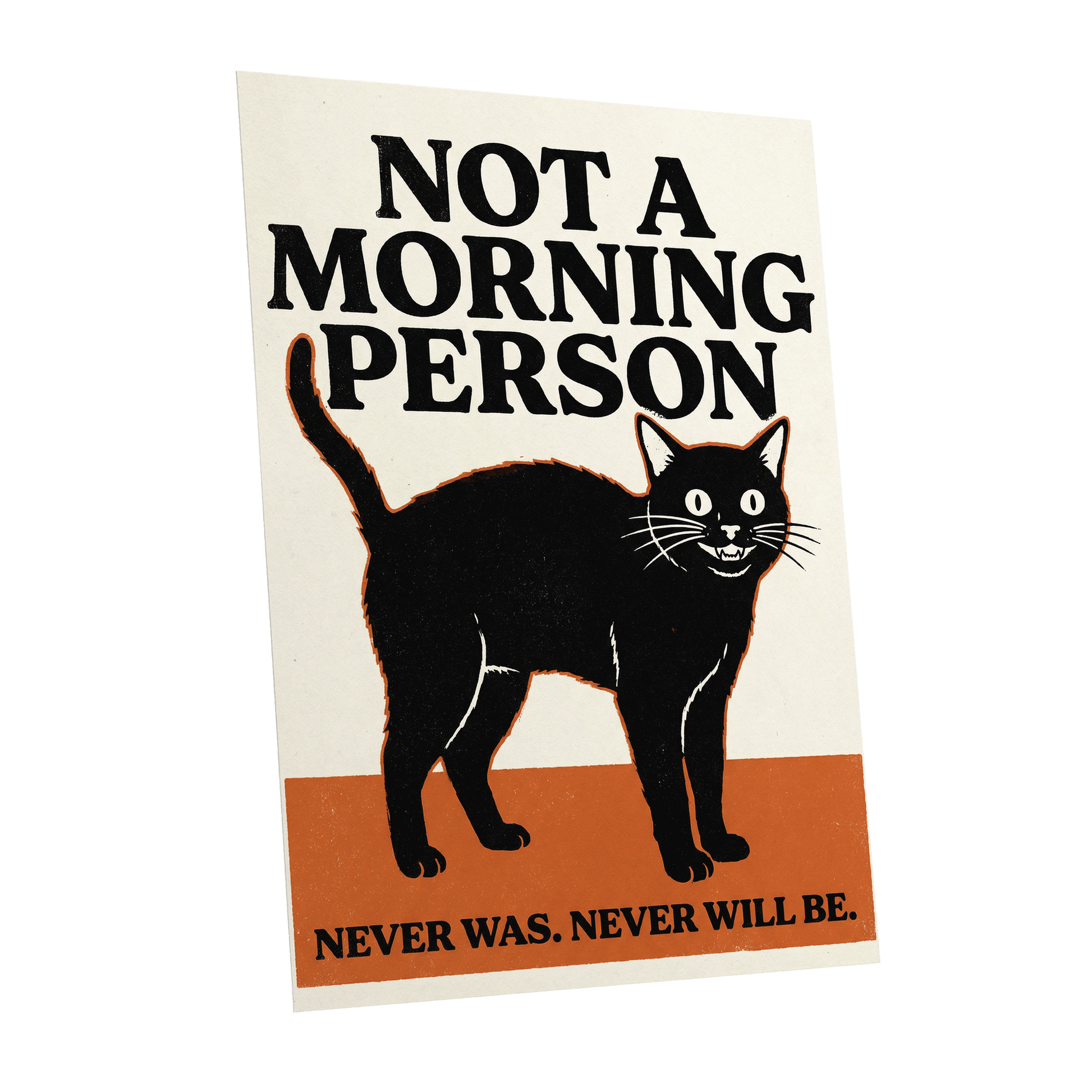 Never a Morning Person, black, beige, orange nature wall art shown as a unframed poster wall art print