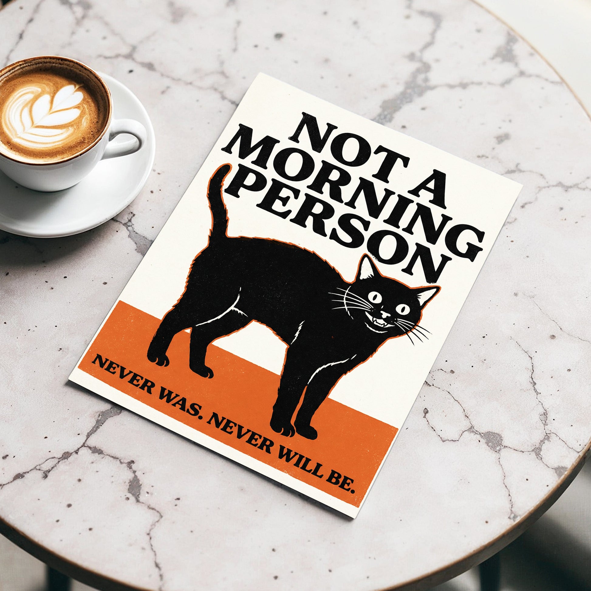 Never a Morning Person, black, beige, orange nature wall art displayed in a styled interior, gallery view 3